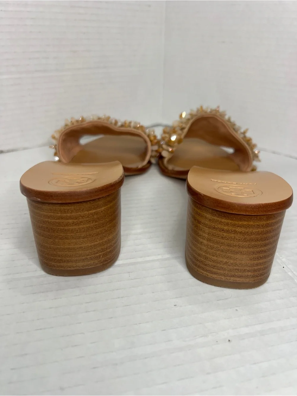 Tory Burch Beaded Rose/Neutral Tan Slide Mules Sandals